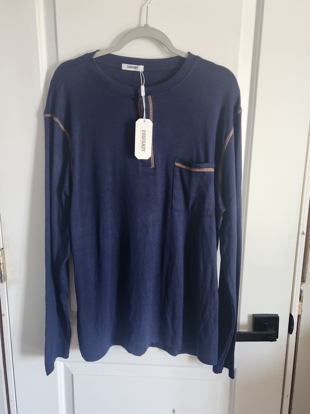Coofandy Navy Long-Sleeve Henley with Contrast Stitching